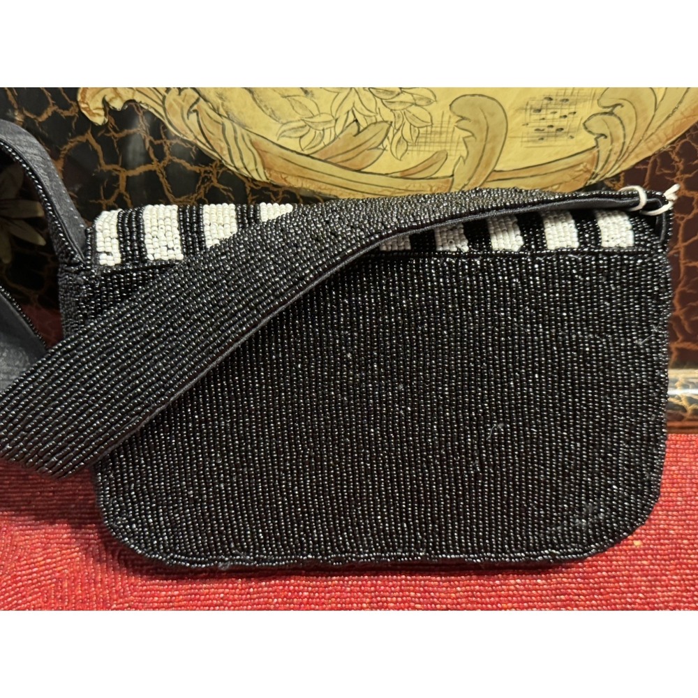 Sol & Mer French Bulldog Beaded Bag NWT Black White Striped Shoulder Purse Viral - Picture 9 of 11